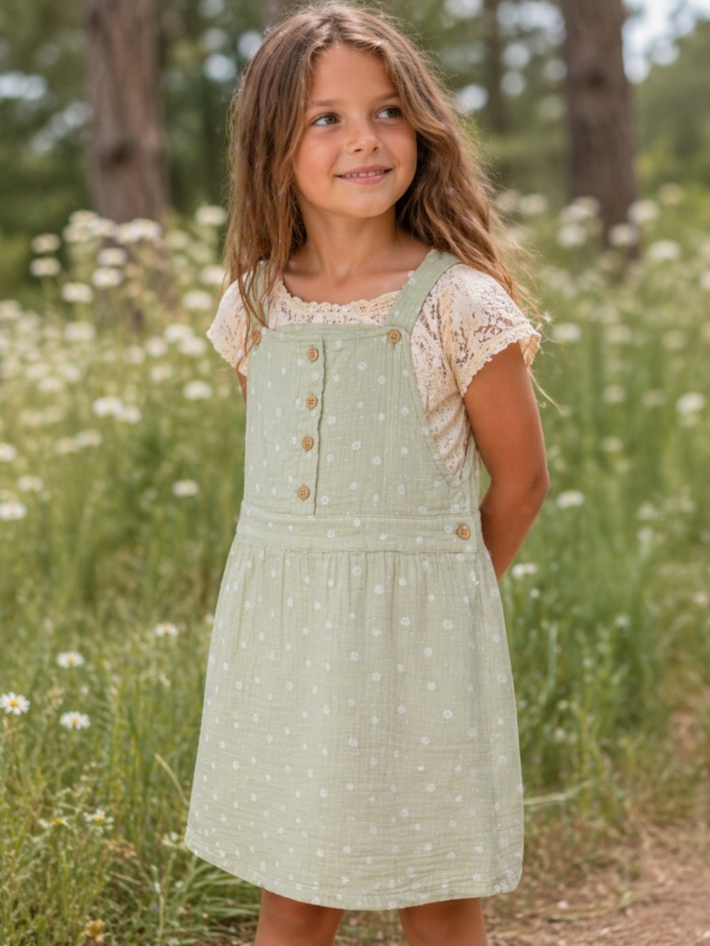 Happy Grey Girls Size 8 Sage Green Overall Dress Polka Dot Cotton - Picture 2 of 8